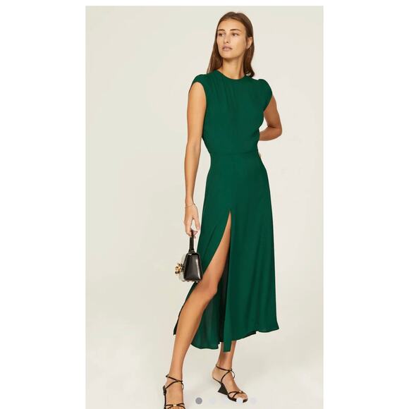 NEW / Reformation Gavin Green Midi Slit Crepe Dress Short Sleeve 0 - Picture 2 of 8